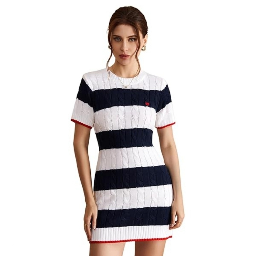 Shein Black & White Stripe High Neck Short Sleeve Sweater Mini Dress Large